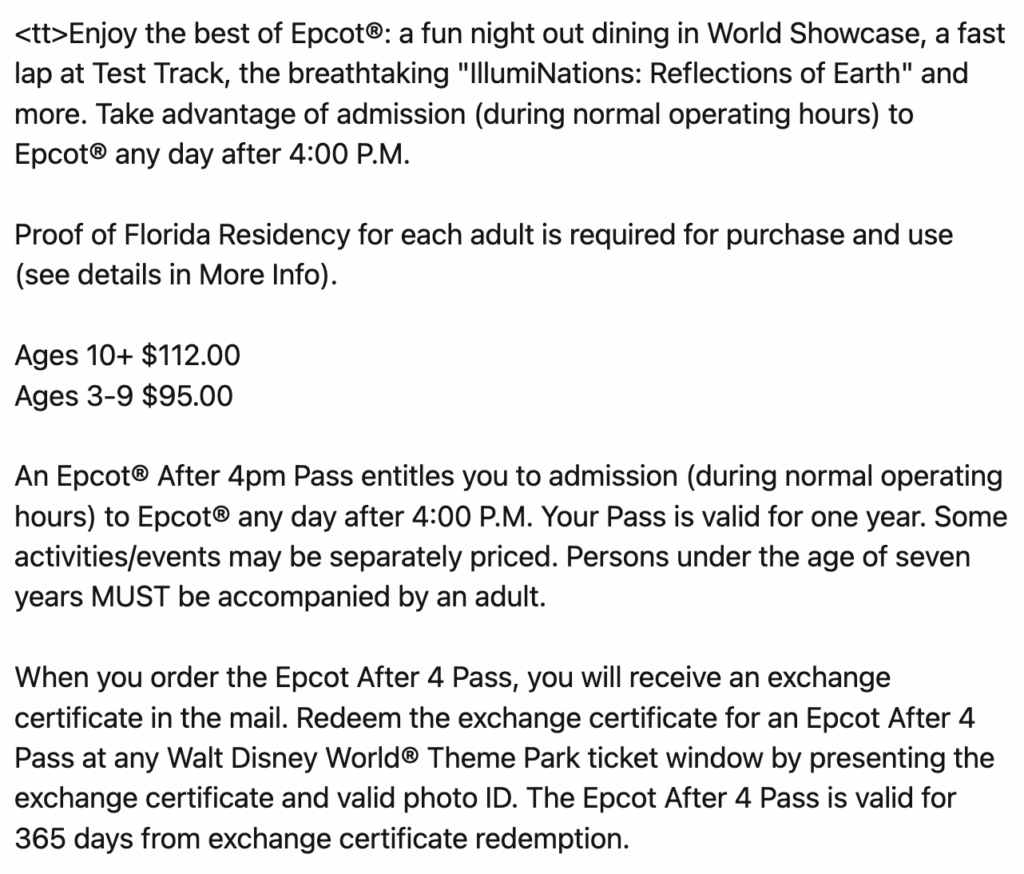 Evidence of Epcot After 4 admission tickets to Walt Disney World